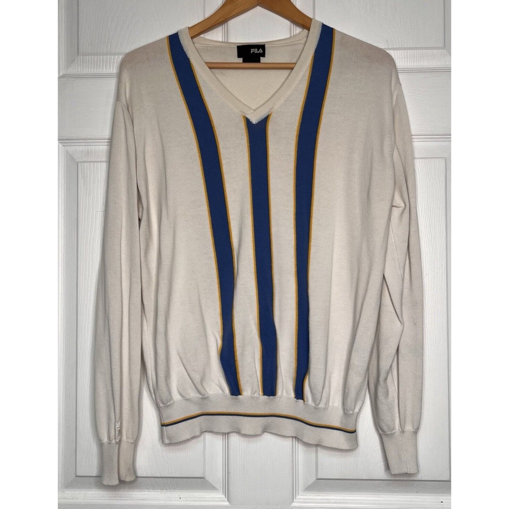 Fila Sport Men's Large Sweater White Striped V Neck Cotton Knit Classic Preppy